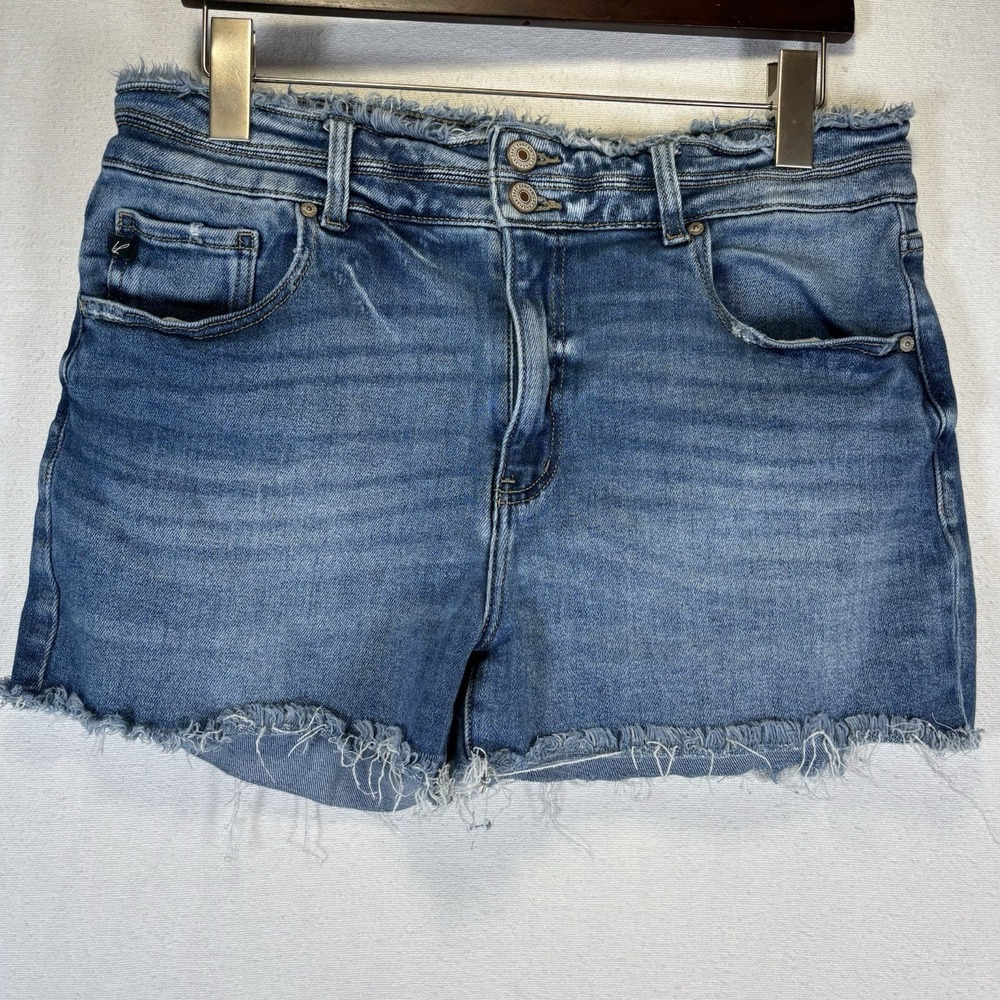 KanCan Dark Denim High-Rise Double Button Up Distressed Shorts Size 31